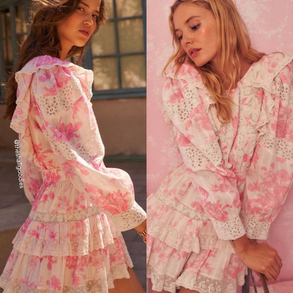 LOVESHACKFANCY Santorini Dress Floral Lace Ruffle Pink White